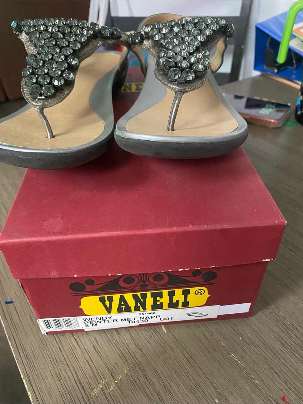 Vaneli Pewter Metallic Thong Sandals with Crystal Embellishments